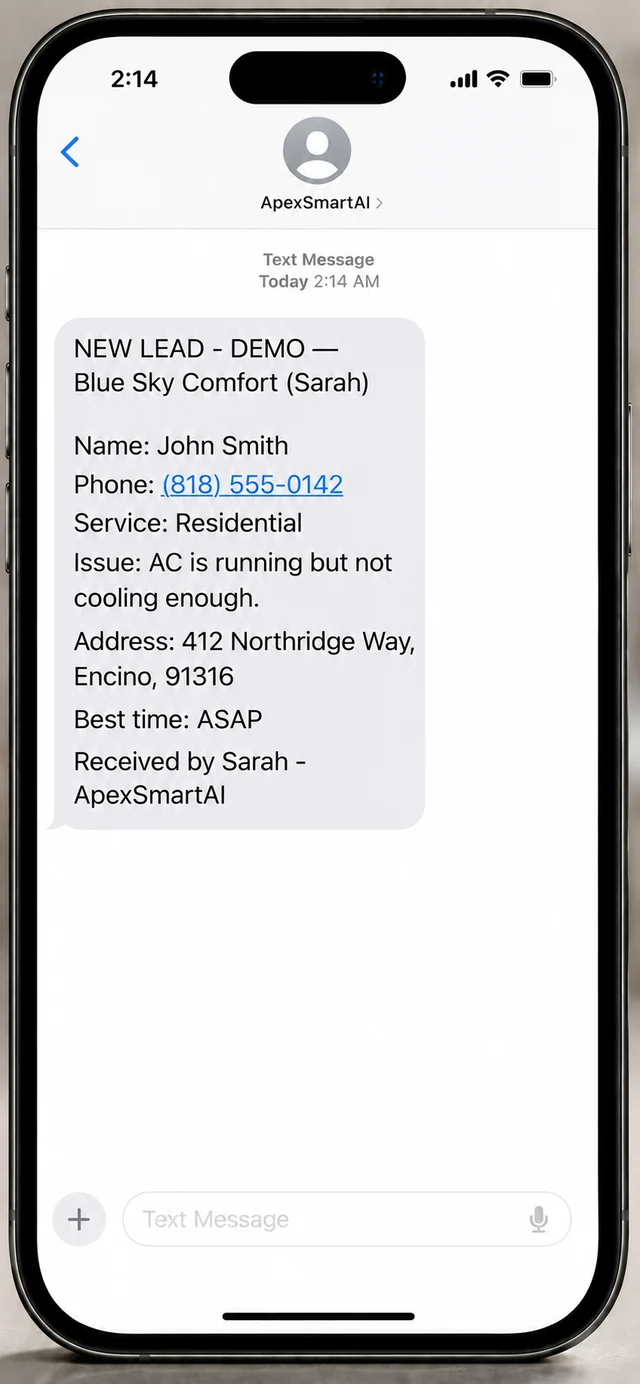 Smartphone showing an SMS lead alert from ApexSmartAI's AI answering service, listing the caller's name, phone number, address and HVAC issue after a 2 AM emergency call