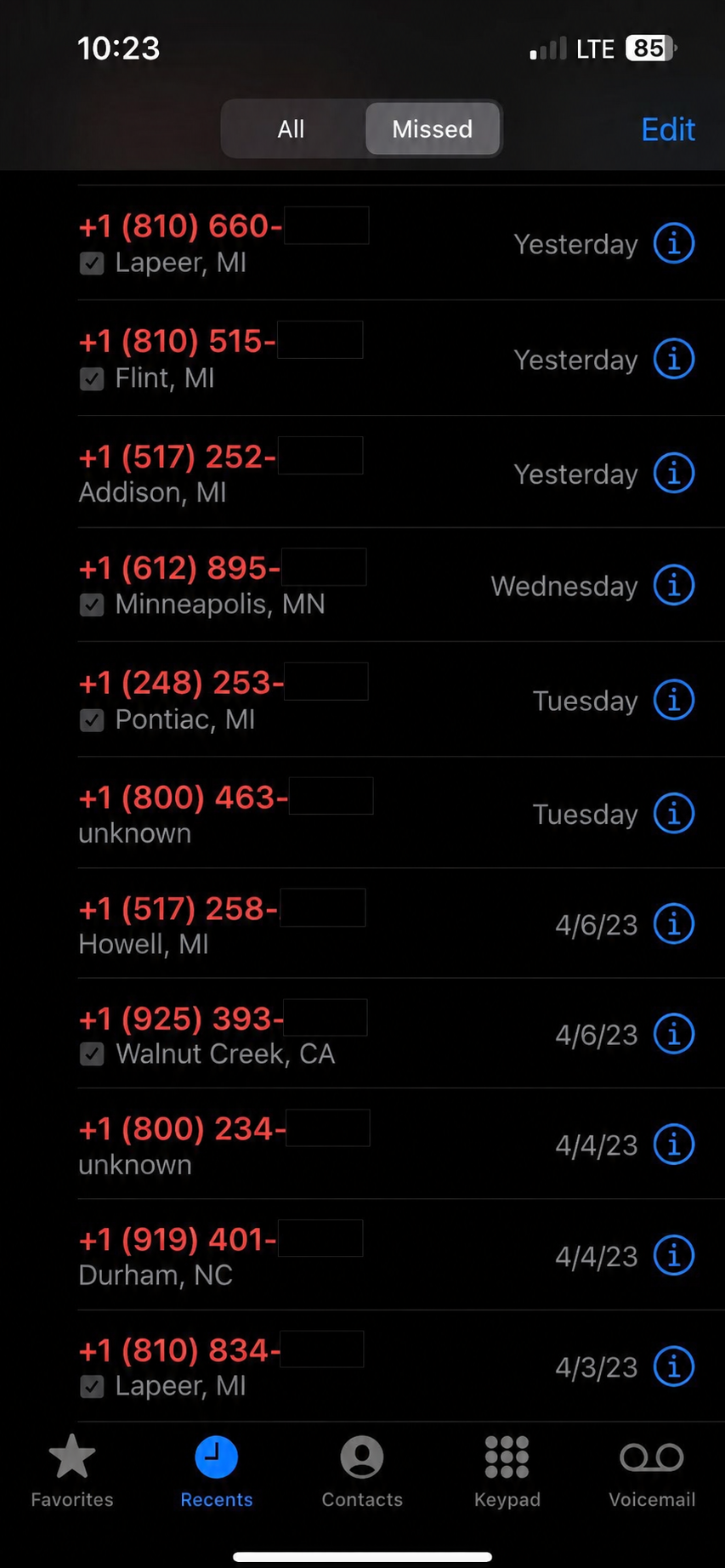 An iPhone missed-calls list showing eleven unanswered calls from Michigan, Minnesota, California and North Carolina